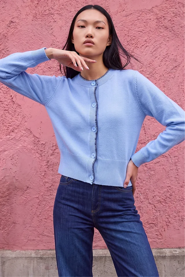 Dusk Blue Stitch Trim Knit Cardigan