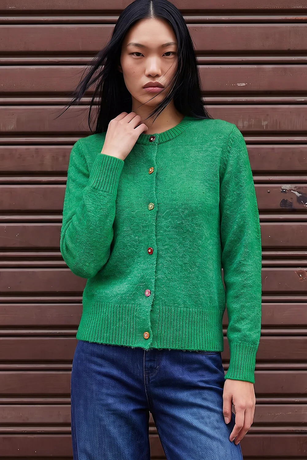 Dusk Green Flower Button Knit Cardigan - 10 Image 2