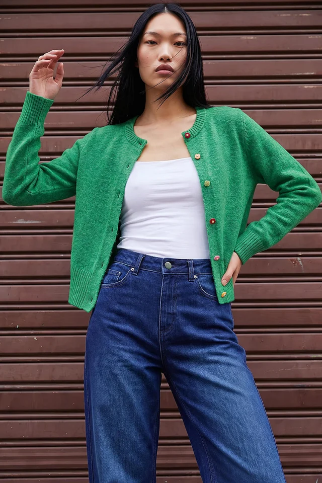 Dusk Green Flower Button Knit Cardigan