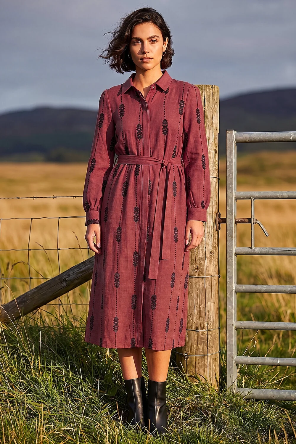 Roman Maroon Embroidered Belted Midi Dress - 16 Image 3