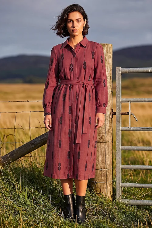 Roman Maroon Embroidered Belted Midi Dress - 16 Image 3