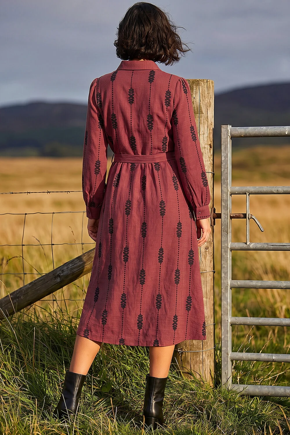 Roman Maroon Embroidered Belted Midi Dress - 16 Image 2
