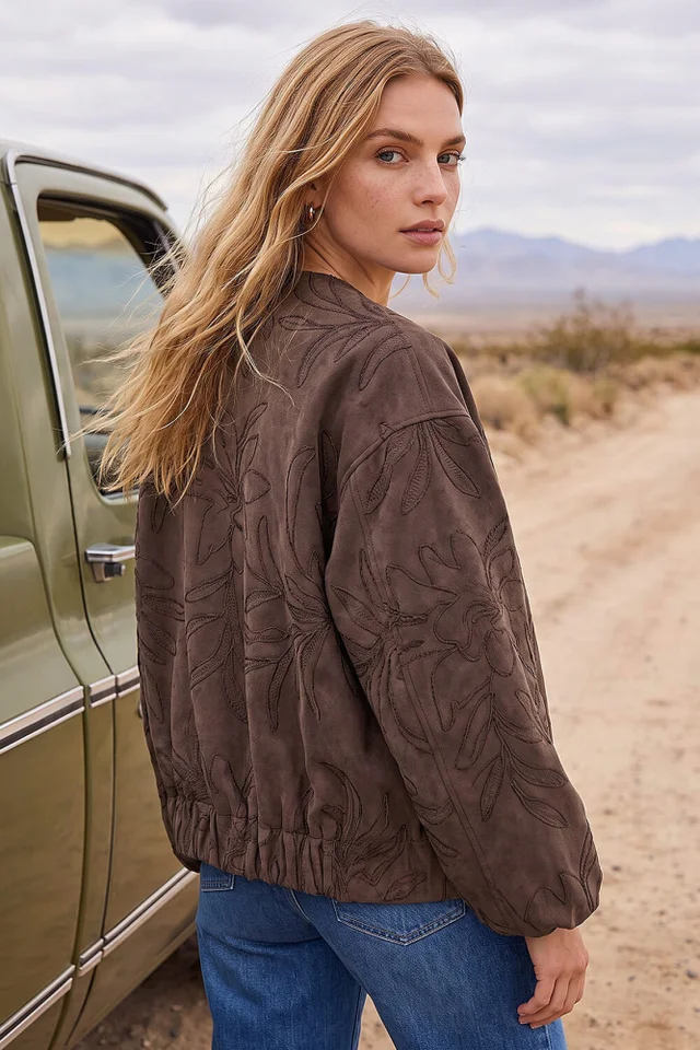 Roman Brown Embroidered Bomber Jacket