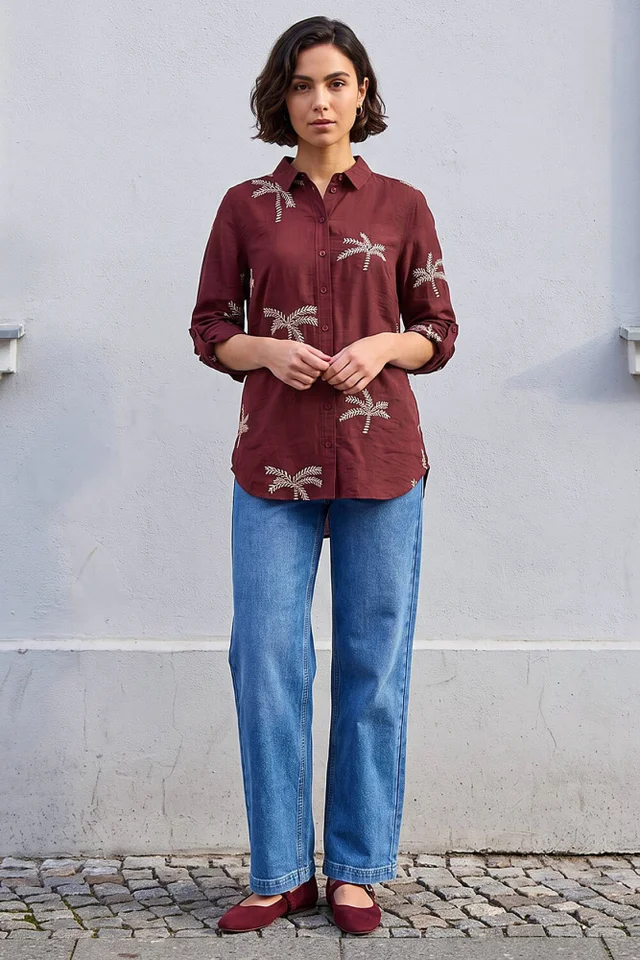 Roman Wine Embroidered Palm Print Shirt