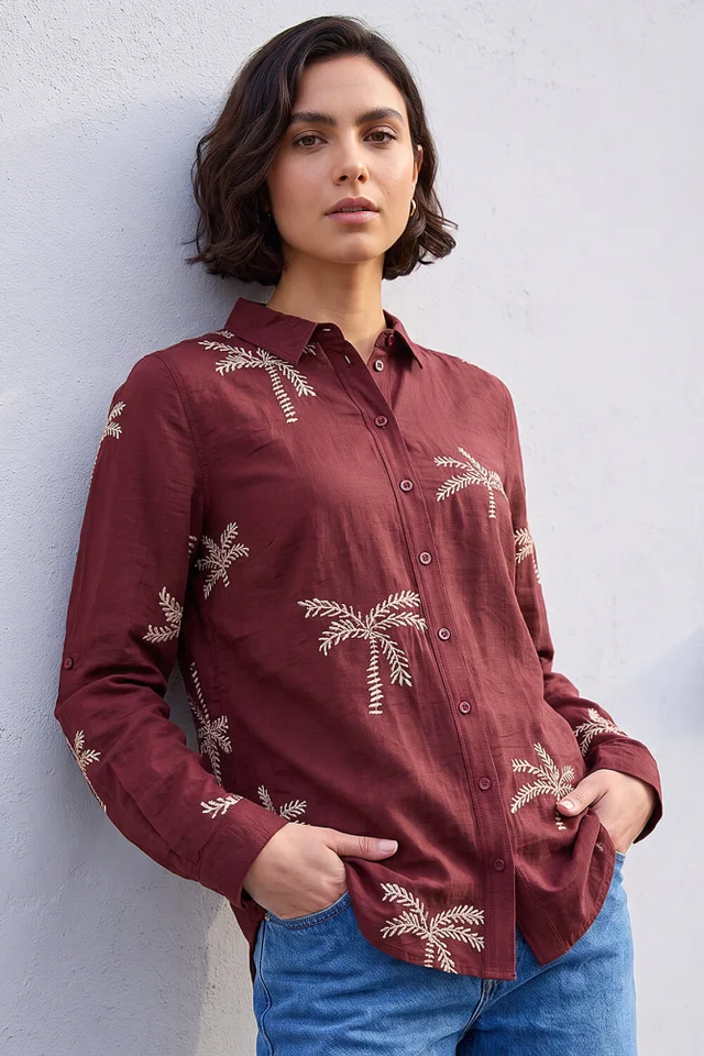 Roman Wine Embroidered Palm Print Shirt