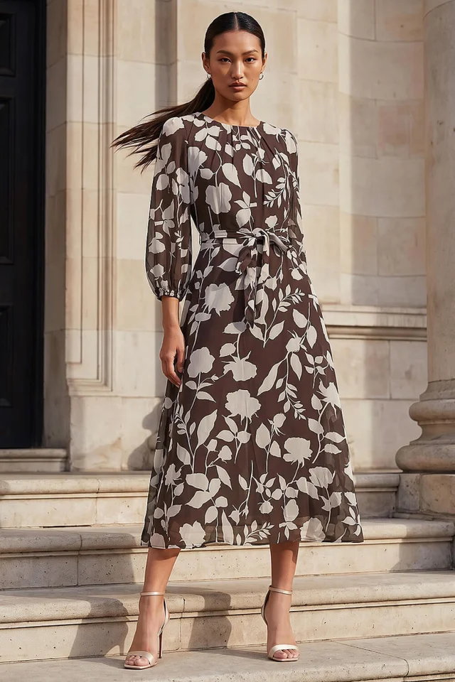 Roman Chocolate Floral Pleated Midi Dress