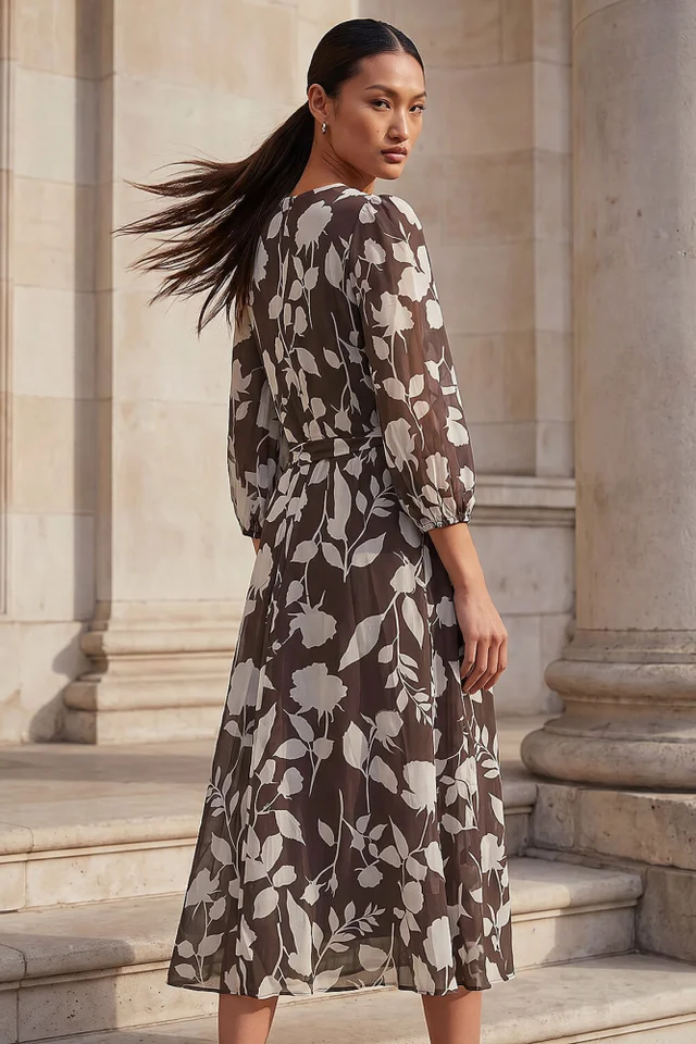Roman Chocolate Floral Pleated Midi Dress
