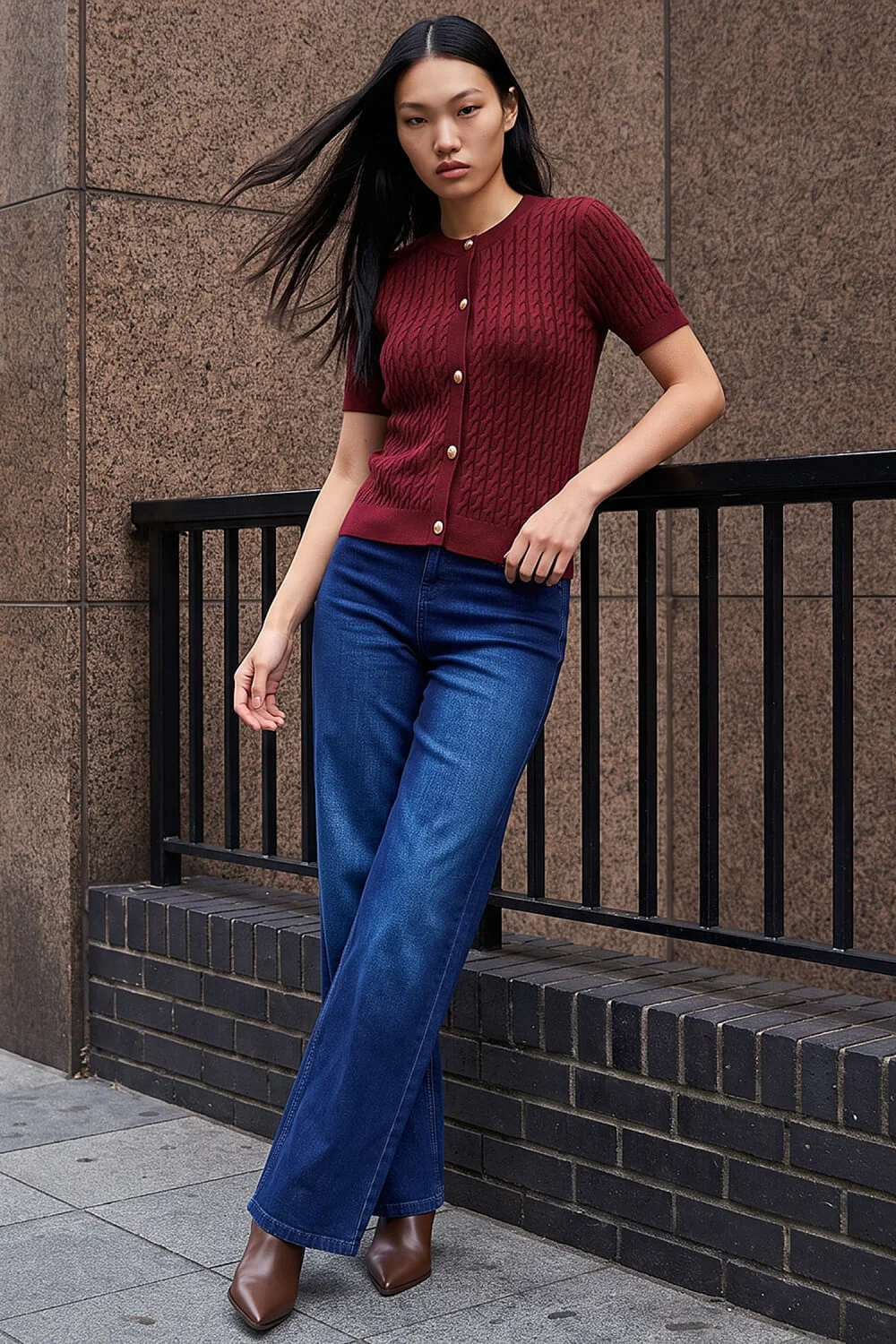 Dusk Wine Cable Knit Buttoned Top - 16 Image 2