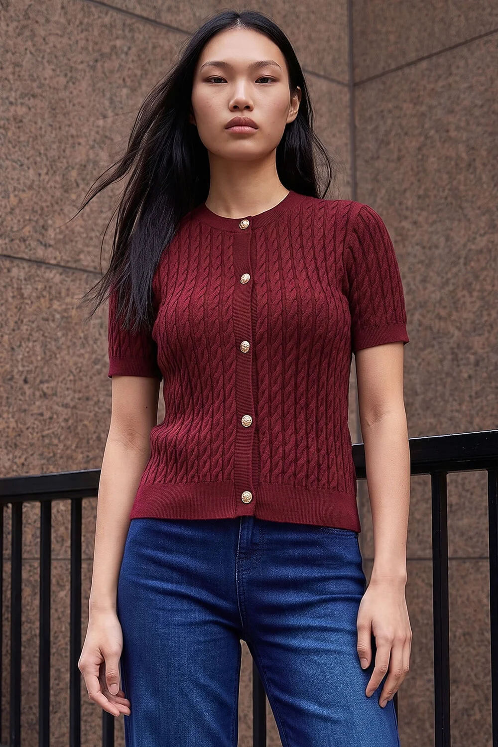 Dusk Wine Cable Knit Buttoned Top - 16 Image 1