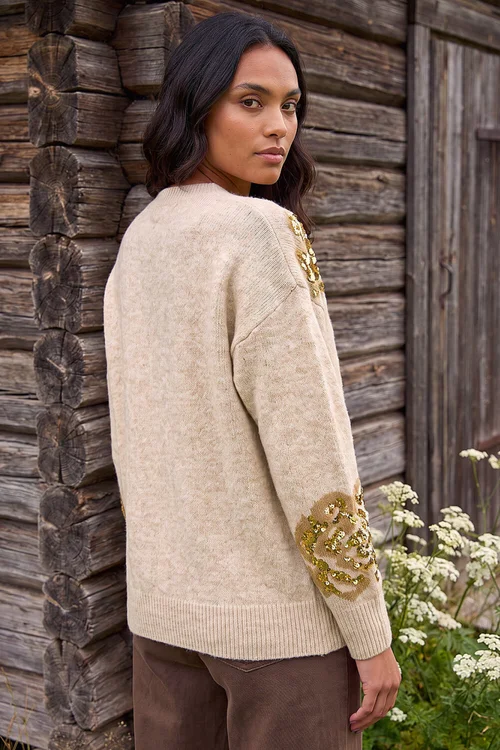 Roman Beige Floral Sequin Knit Jumper - 20 Image 3