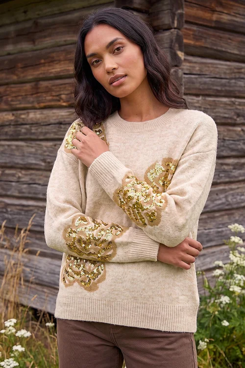 Roman Beige Floral Sequin Knit Jumper - 20 Image 1
