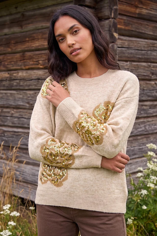 Roman Beige Floral Sequin Knit Jumper
