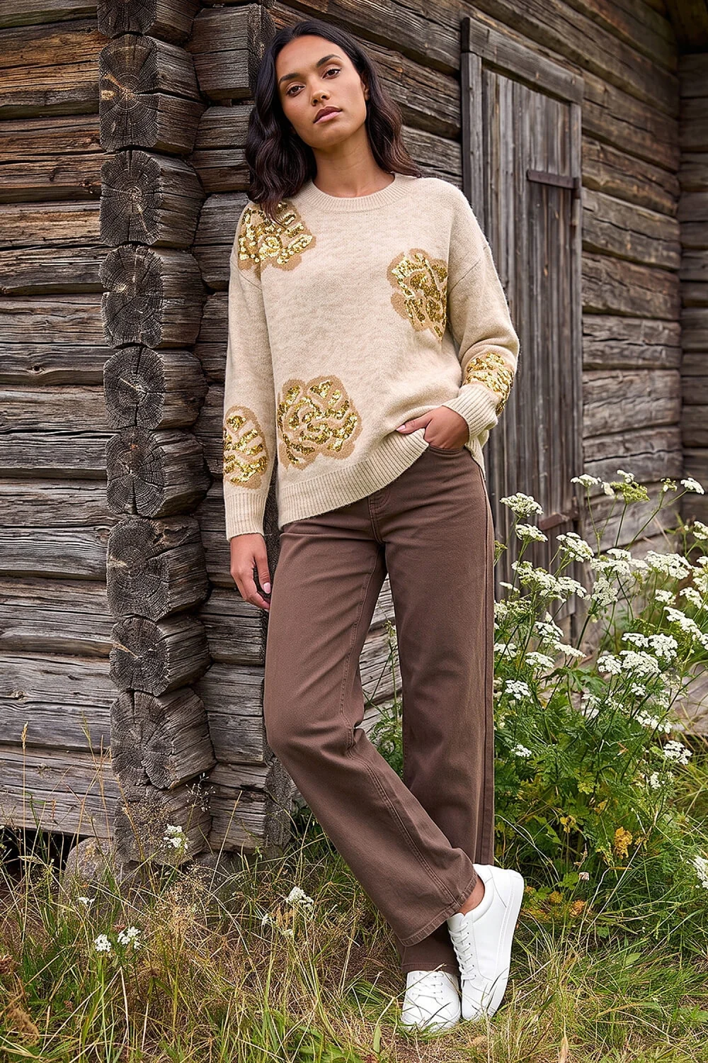 Roman Beige Floral Sequin Knit Jumper - 20 Image 2