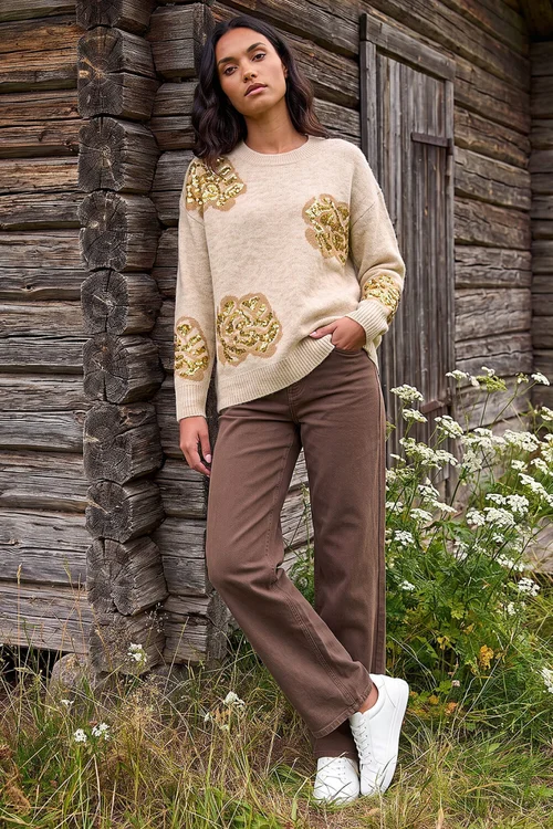 Roman Beige Floral Sequin Knit Jumper - 20 Image 2