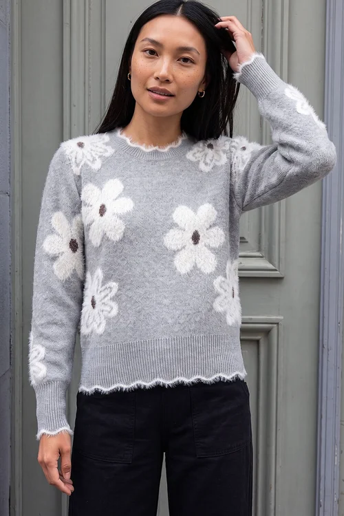 Roman Grey Fluffy Floral Knit Jumper - 16 Image 1