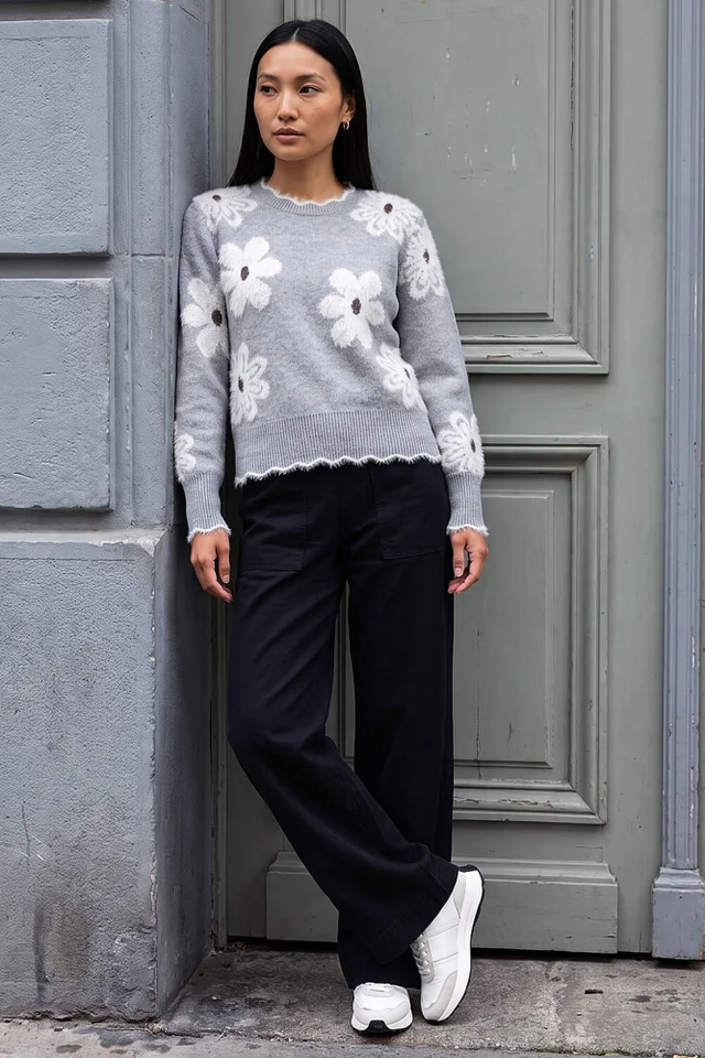 Roman Grey Fluffy Floral Knit Jumper