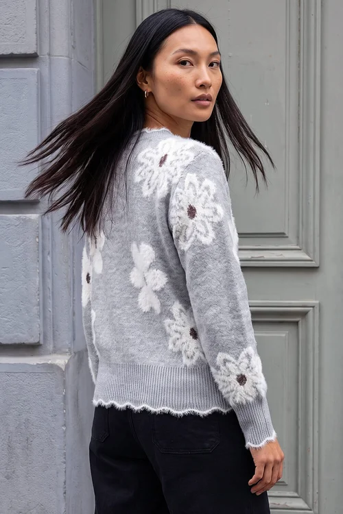 Roman Grey Fluffy Floral Knit Jumper - 16 Image 3
