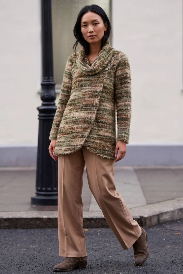Roman Khaki Fluffy Cowl Neck Snit Tunic Top