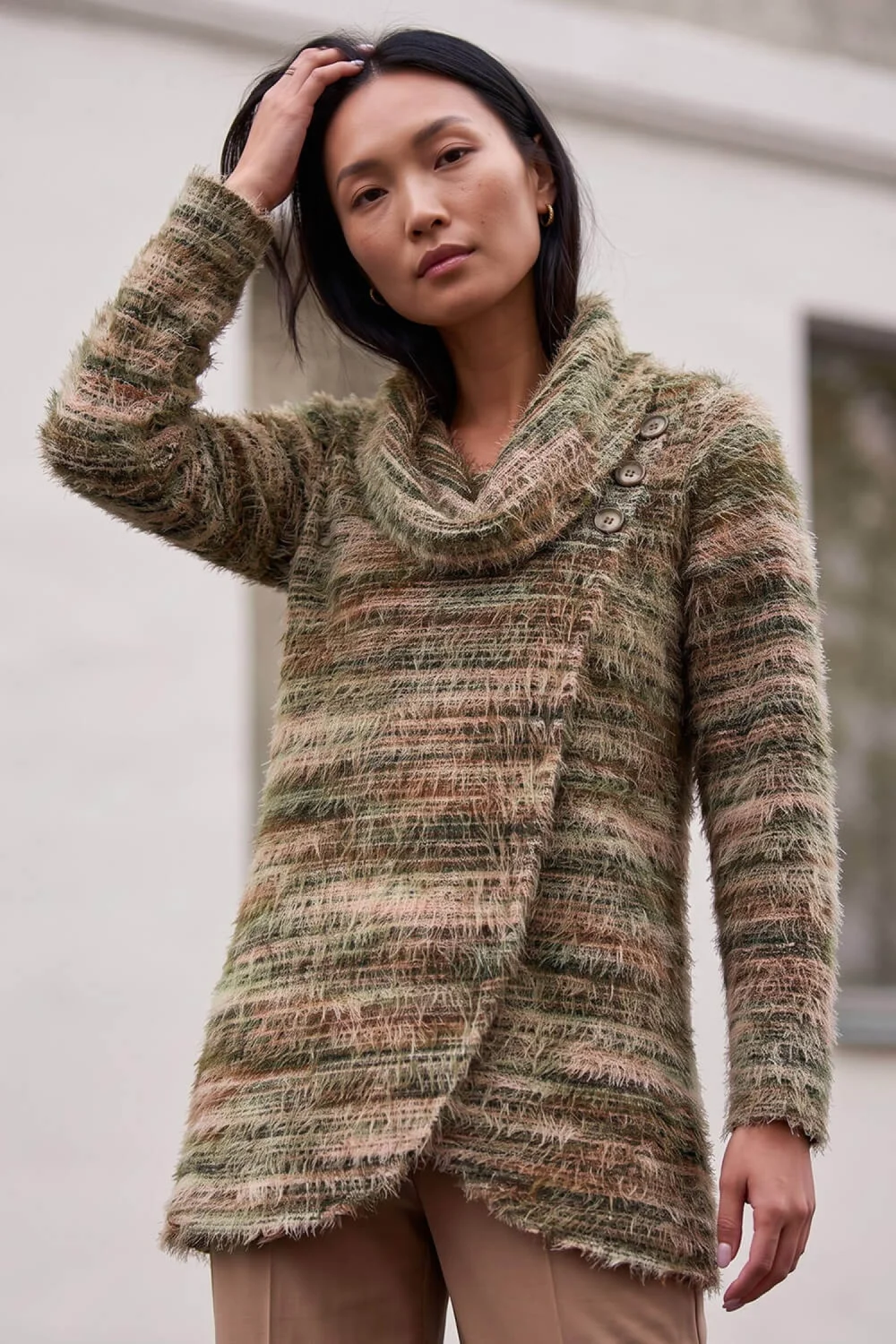 Roman Khaki Fluffy Cowl Neck Snit Tunic Top - 20 Image 1