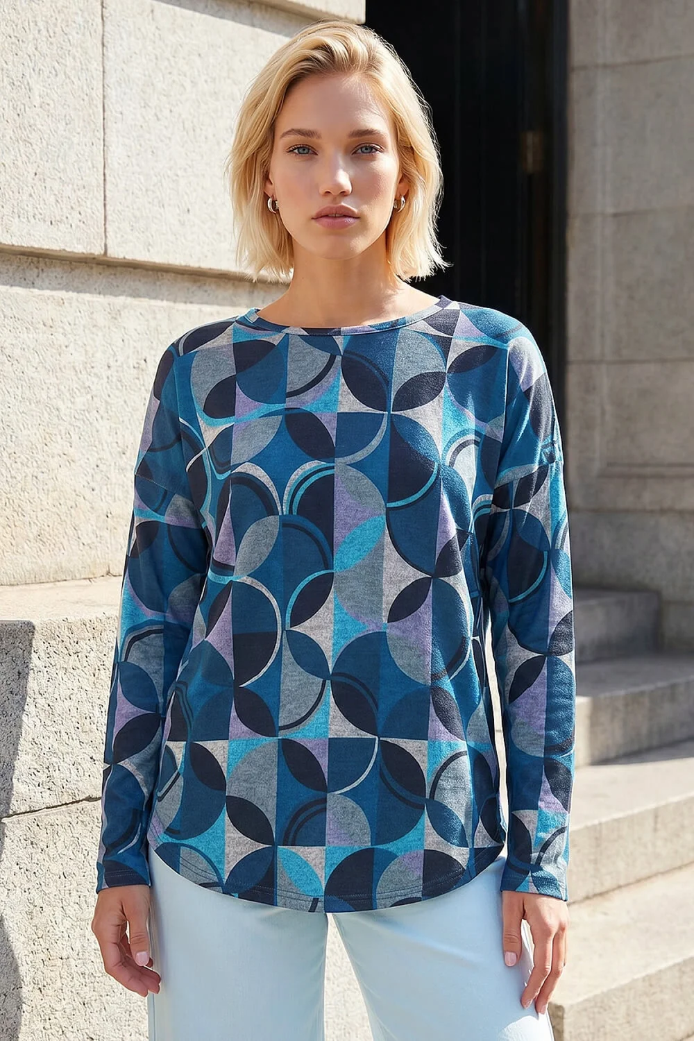 Roman Navy Geo Print Stretch Jersey Top - 14 Image 1