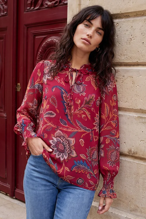 Roman Red Floral Print Tie Front V-Neck Top - 12 Image 1