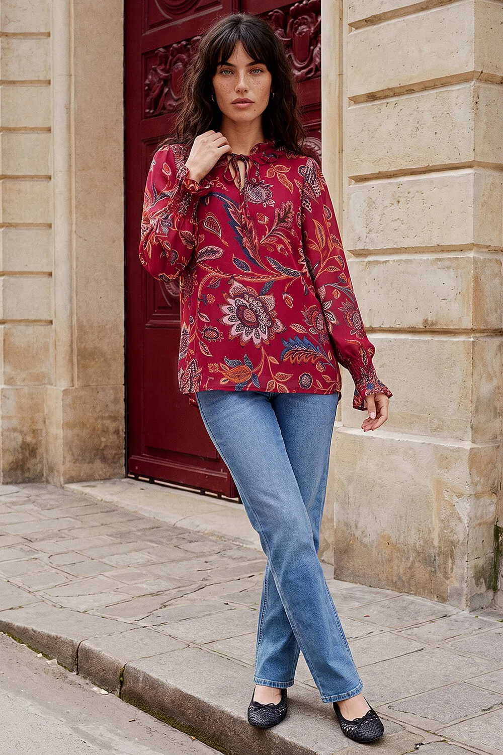 Roman Red Floral Print Tie Front V-Neck Top - 12 Image 3