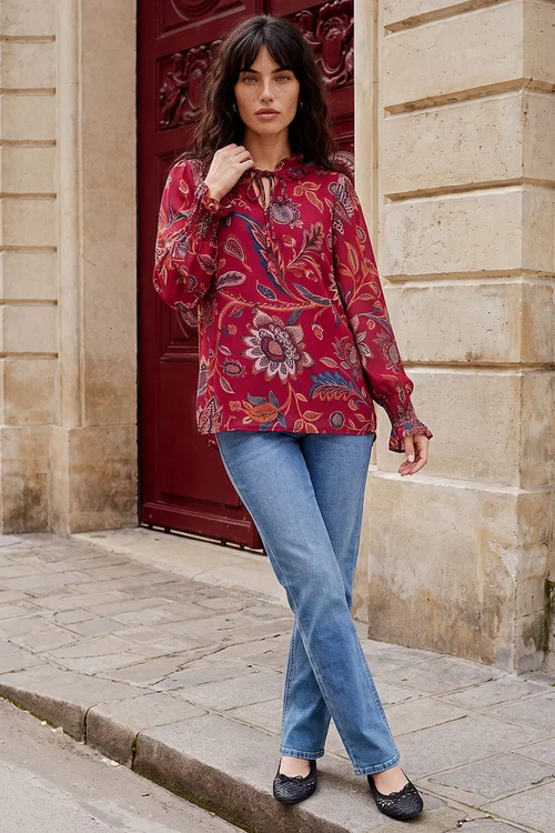 Roman Red Floral Print Tie Front V-Neck Top - 12 Image 3