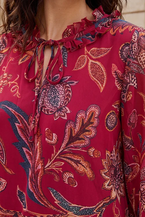Roman Red Floral Print Tie Front V-Neck Top - 12 Image 4