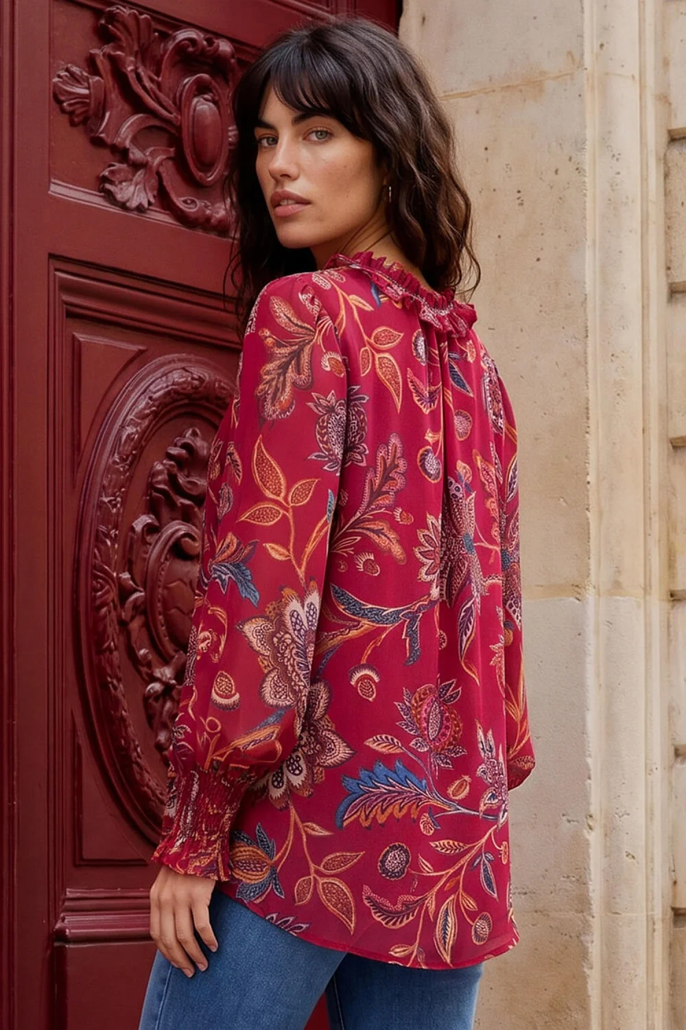 Roman Red Floral Print Tie Front V-Neck Top - 12 Image 2