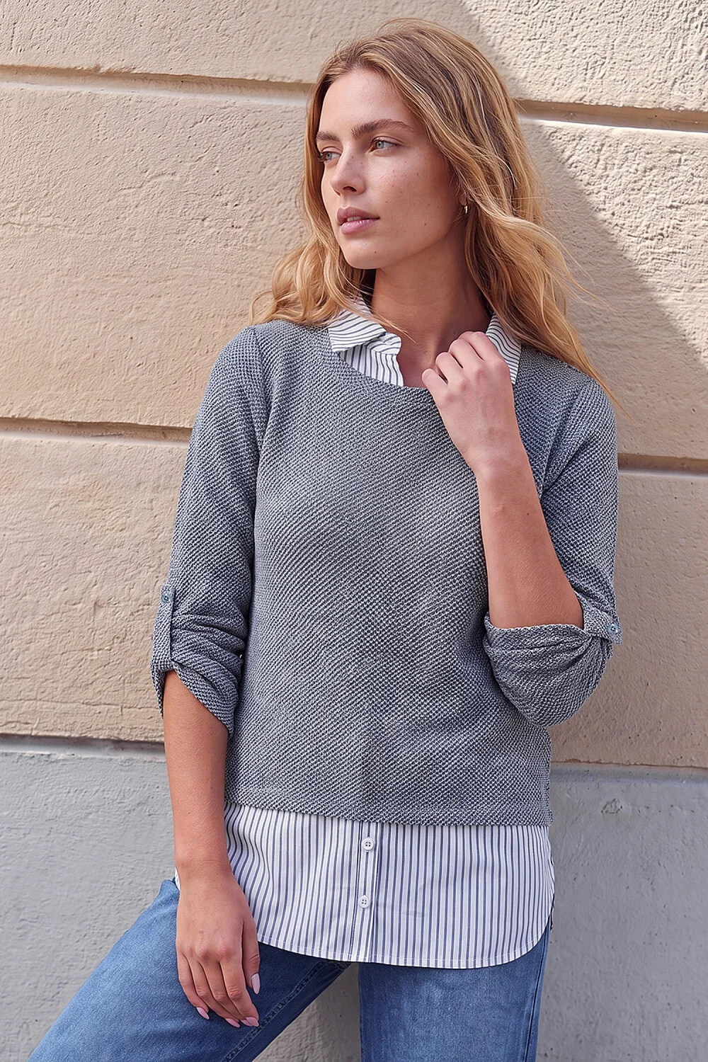 Roman Blue Mock Shirt Textured Knit Jumper - 14 Image 1