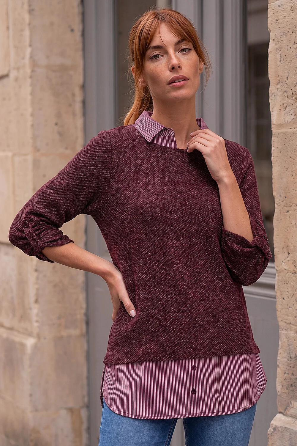 Roman Wine Mock Shirt Textured Knit Jumper - 16 Image 1