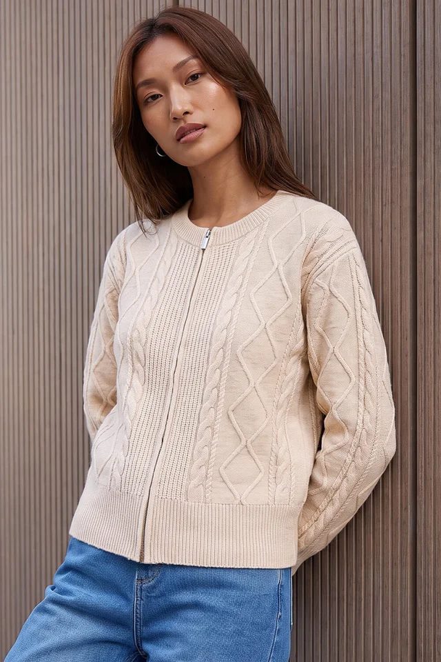 Roman Ivory Knitted Cable Bomber