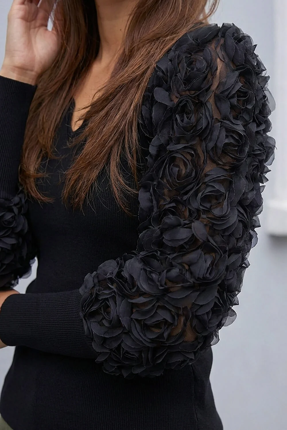 Roman Black Lace Sleeve V-Neck Knit Top - 10 Image 4