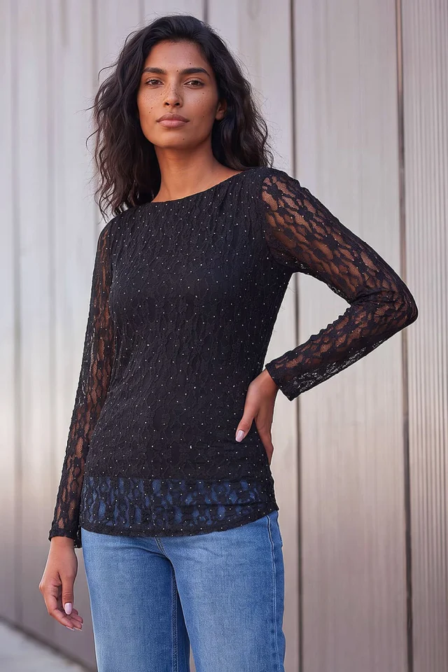 Roman Black Lace Ruched Top