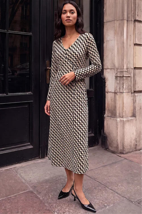Roman Green Geometric V-Neck Midi Dress - 12 Image 1