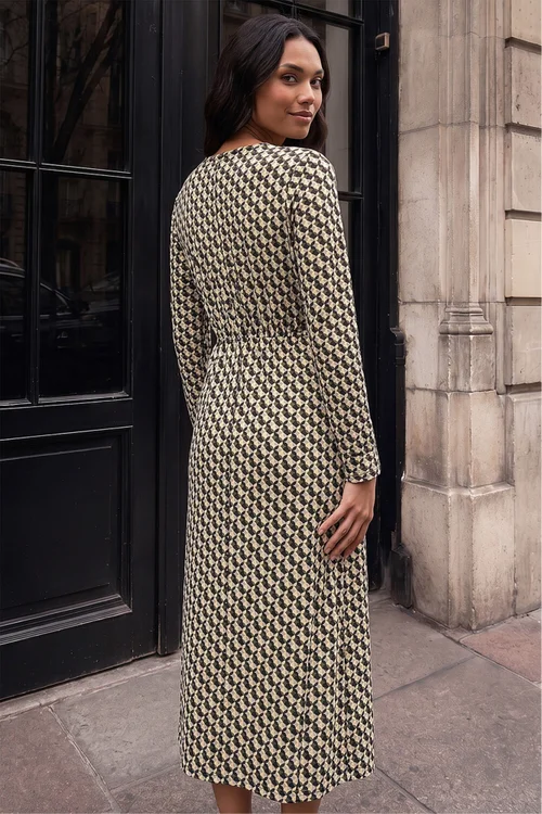 Roman Green Geometric V-Neck Midi Dress - 12 Image 3