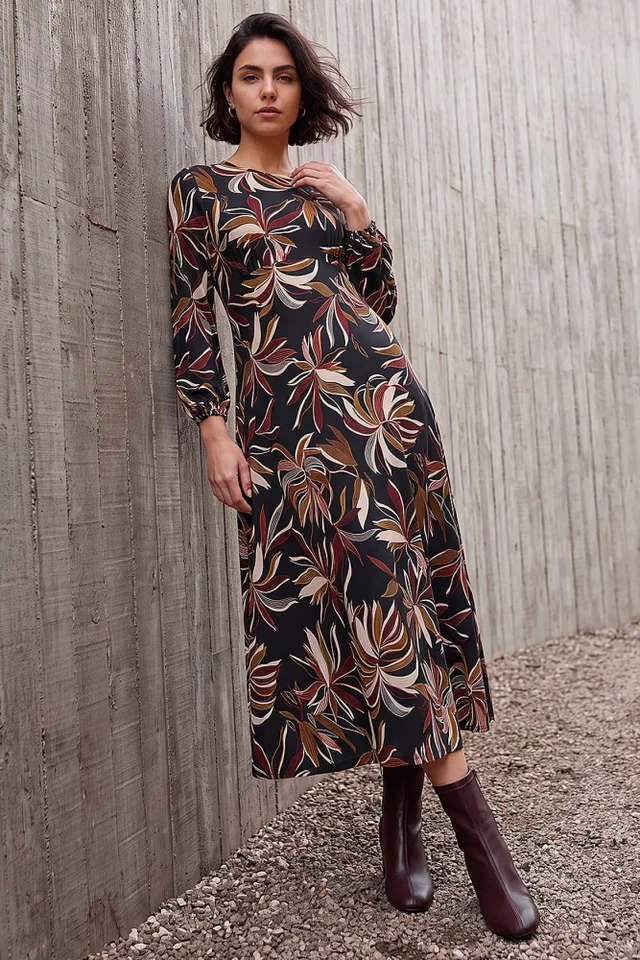 Roman Rust Leaf Print A-Line Dress