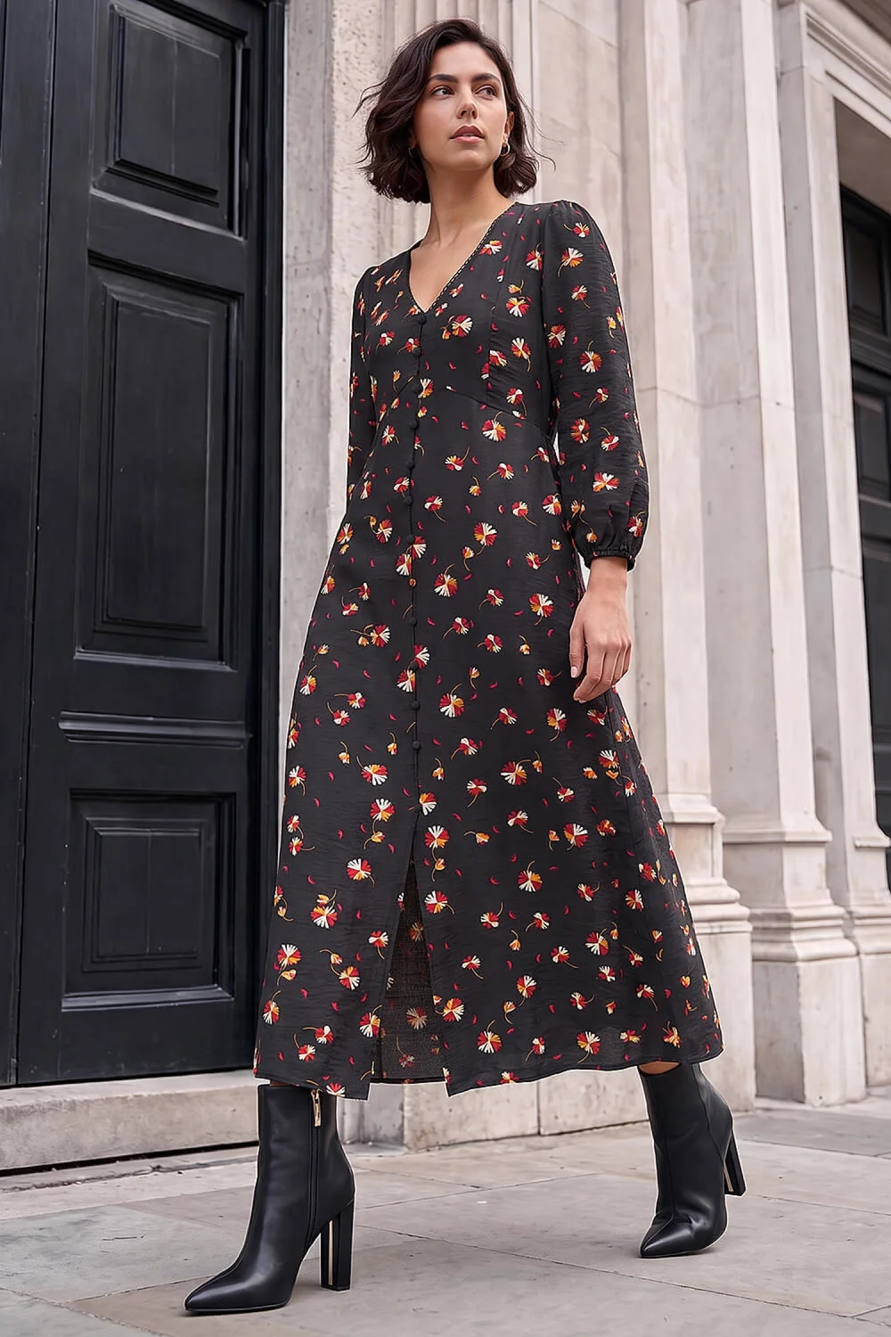Roman Black Lace Floral Print Midi Dress - 16 Image 1