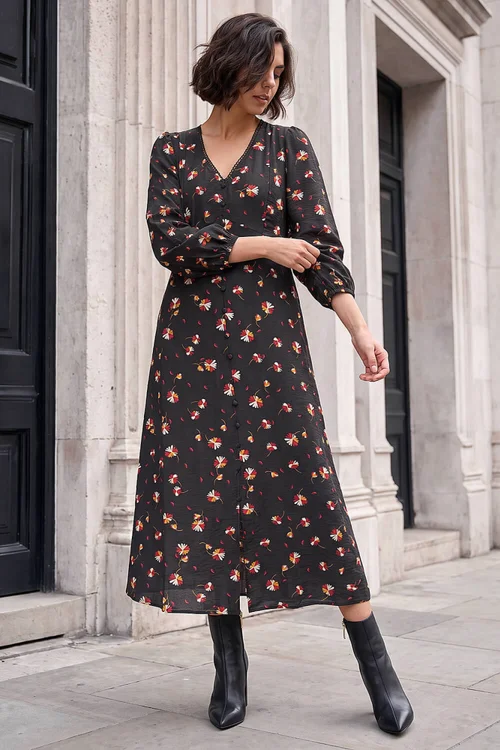 Roman Black Lace Floral Print Midi Dress - 16 Image 2