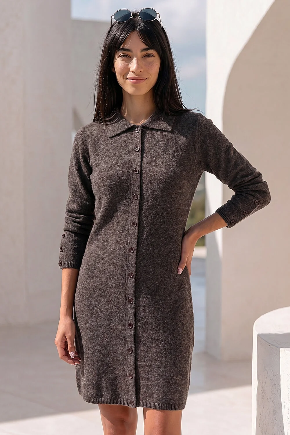 Roman Chocolate Petite Collared Knit Shift Dress - 18 Image 1