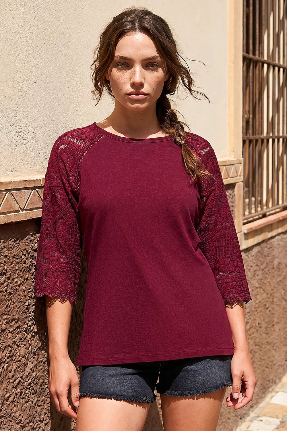Roman Wine Petite Contrast Sleeve Top - 16 Image 1