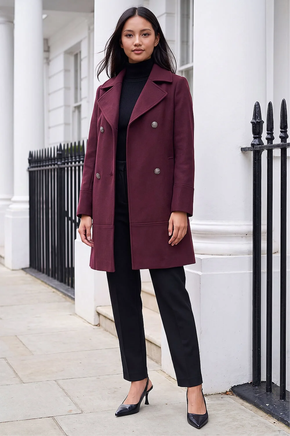 Roman Burgundy Petite Collar Double Breasted Coat - 12 Image 2