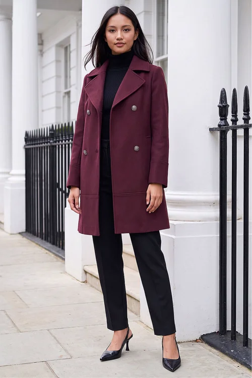Roman Burgundy Petite Collar Double Breasted Coat - 12 Image 2
