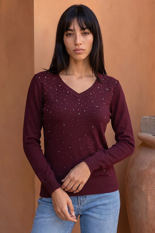 Roman Wine Petite Faux Pearl Embellished Knit Jumper