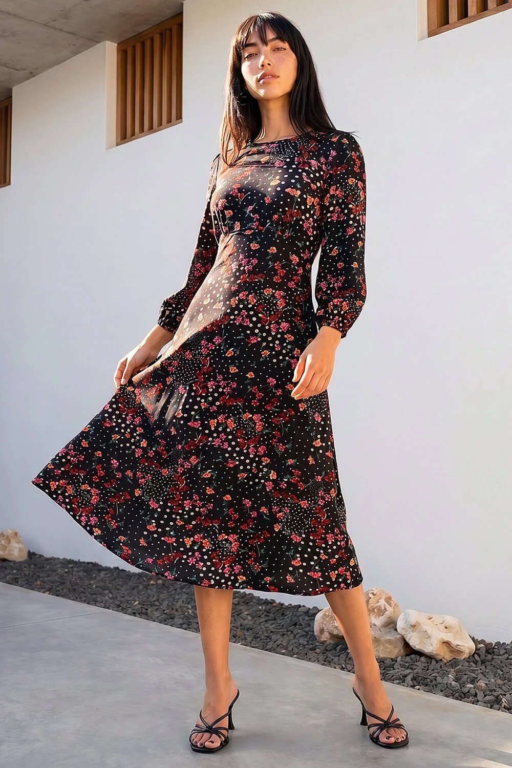 Roman Black Petite Floral Print Midi Dress - 16 Image 1