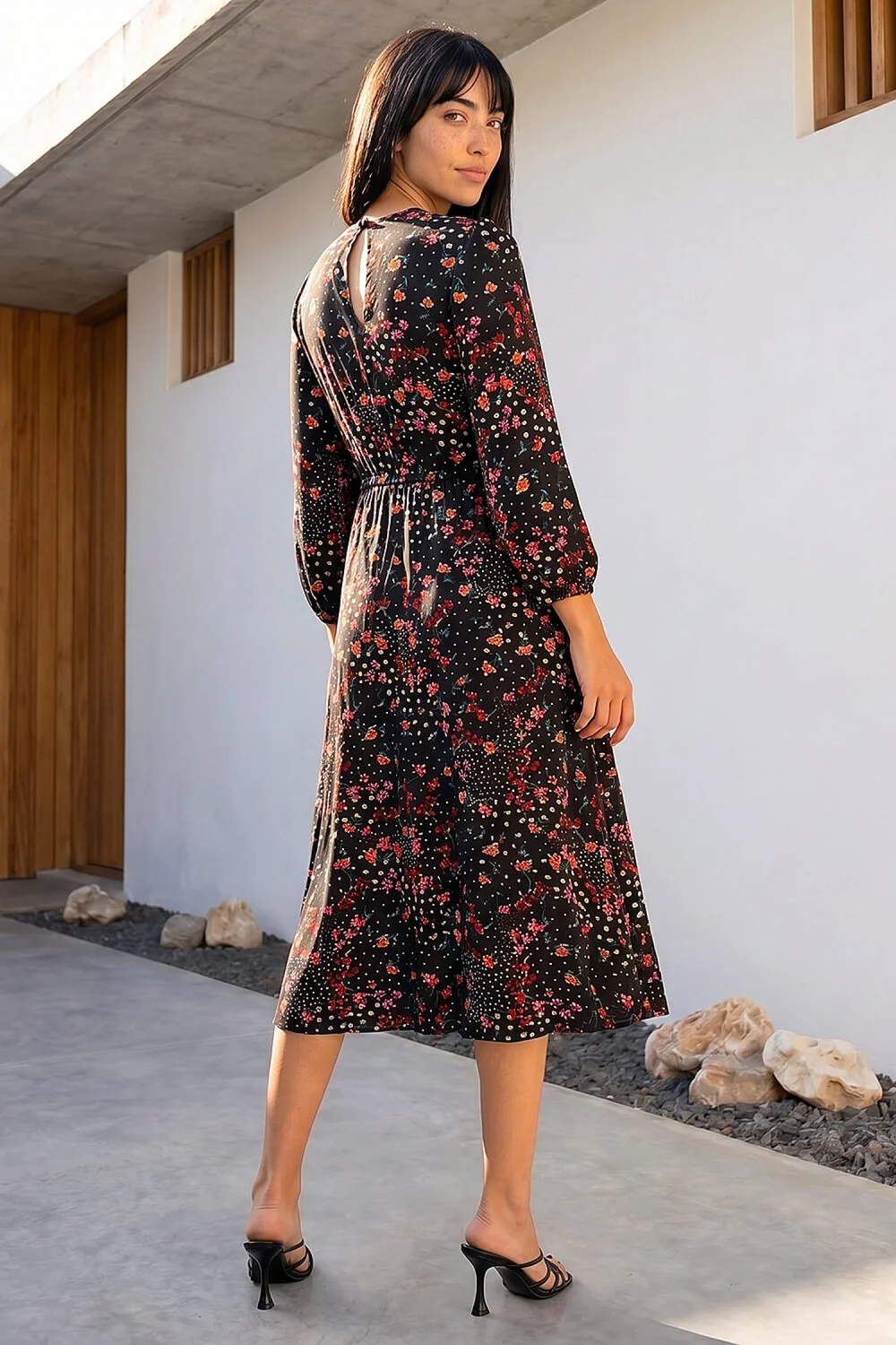 Roman Black Petite Floral Print Midi Dress - 16 Image 3