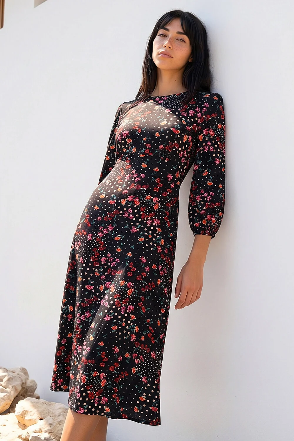Roman Black Petite Floral Print Midi Dress - 16 Image 2