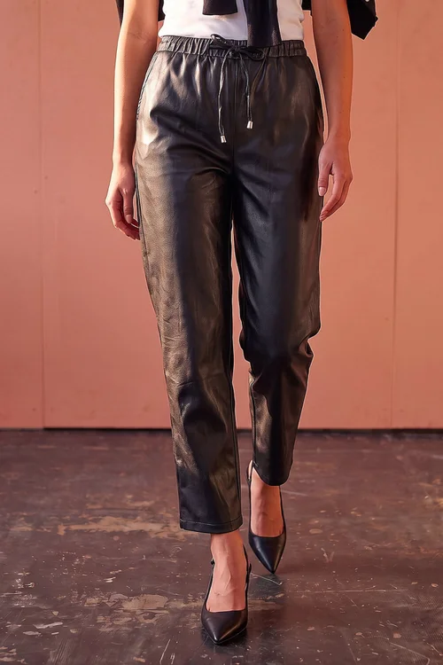 Roman Black Petite Faux Leather Textured Drawstring Trouser - 10 Image 1