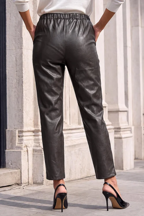 Roman Chocolate Petite Faux Leather Textured Drawstring Trouser - 8 Image 3
