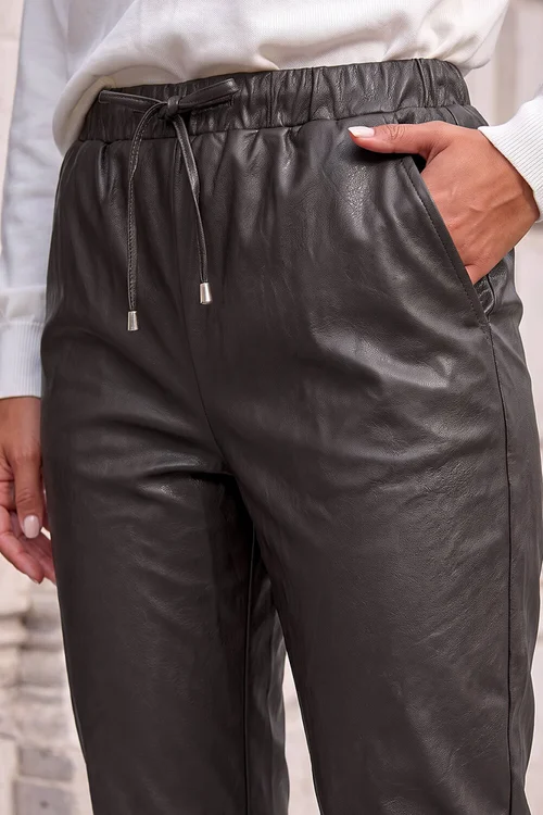 Roman Chocolate Petite Faux Leather Textured Drawstring Trouser - 8 Image 4